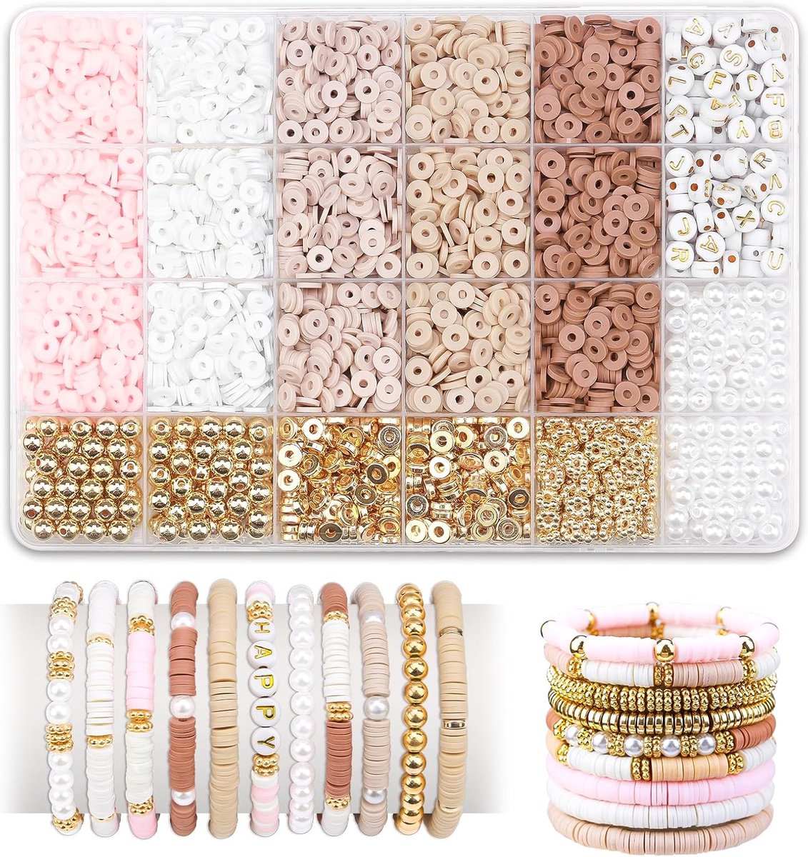 Vitdipy - Kralenset - 2370 delig - Polymeer Kralen Set - 7 kleuren - Platte Kralen - Bedels - Letterkralen - DIY Sieraden Maken - Armbandjes Maken