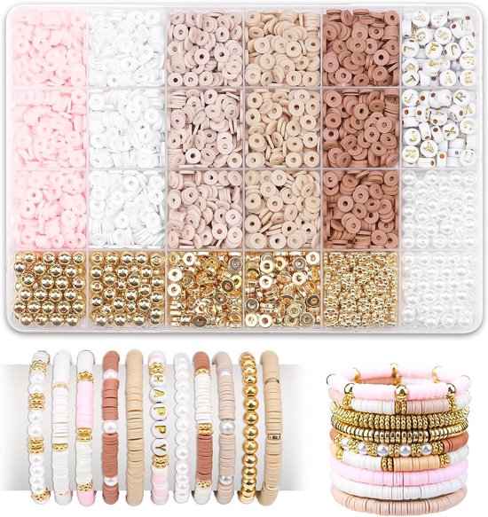 Vitdipy - Kralenset - 2370 delig - Polymeer Kralen Set - 7 kleuren - Platte Kralen - Bedels - Letterkralen - DIY Sieraden Maken - Armbandjes Maken