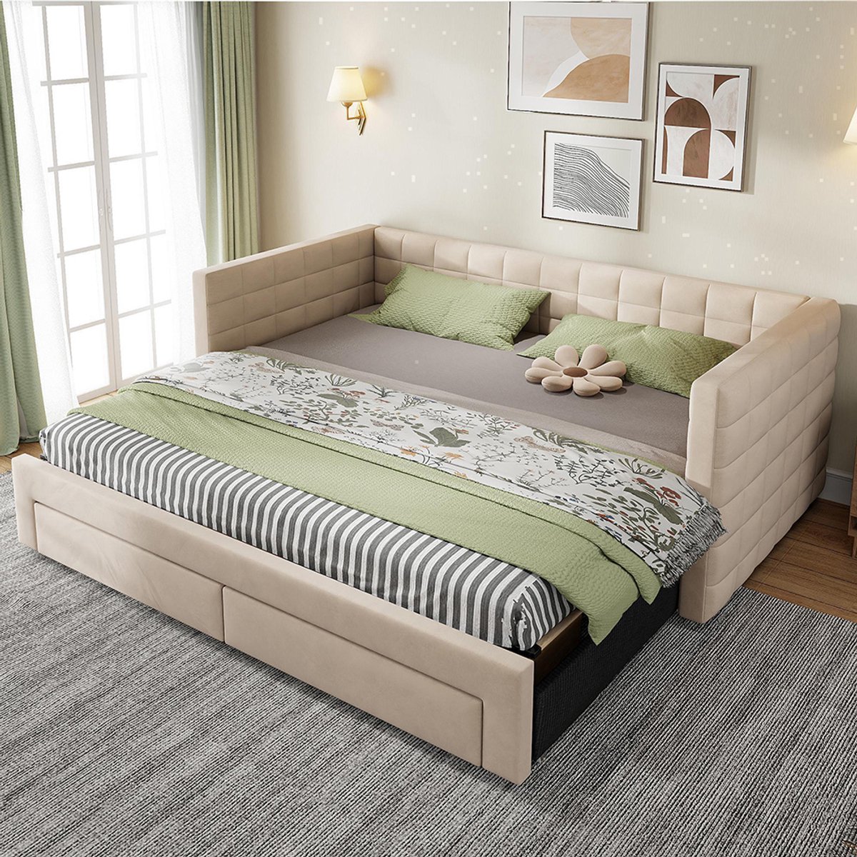 KOMHTOM BLACKCOLORS - 3-in-1 gestoffeerd bed - Uitschuifbare slaapbank 90x190 cm - Met opbergladen - Om te vormen tot eenpersoons- of tweepersoonsbed - Lattenbodem - Van katoen en linnen - Beige - Zonder matras