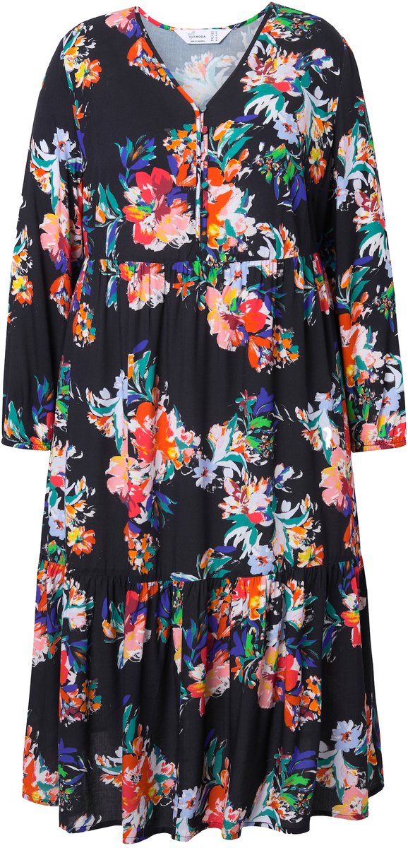 MIAMODA - Dames - Midi-jurk bloemenpatroon volant lange mouwen - Zwart - Maat 42