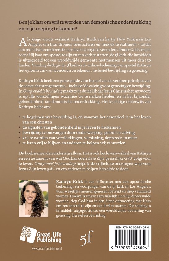 Boekomslag achterkant met tekst en een portret van Kathryn Krick.