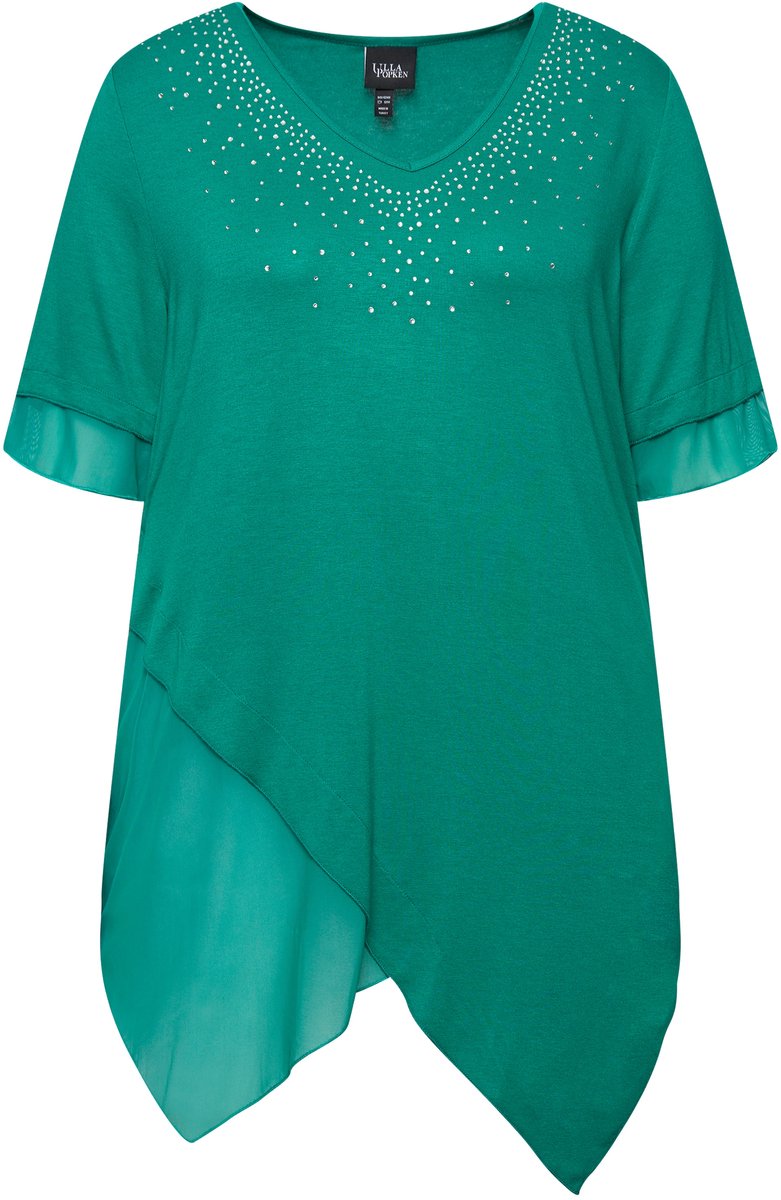Ulla Popken - Dames - Blouse asymmetrisch decoratieve steentjes V-hals - Groen blauw - Maat 46+
