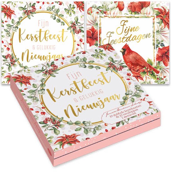Roze doos met twee verschillende ontwerpen kerstkaarten: één met takken en één met een rode vogel.