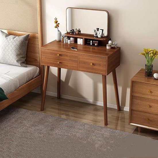 Elegante houten kaptafel met verstelbare LED-spiegel, 3 ruime lades en opbergplanken - Moderne kaptafel voor slaapkamer of woonkamer - Walnootkleurige afwerking, 80 cm HomeByNicole