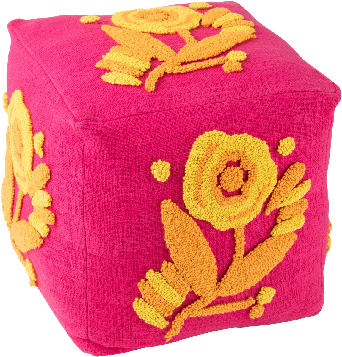 J-Line poef Vierkant Bloem - katoen - roze/oranje/geel