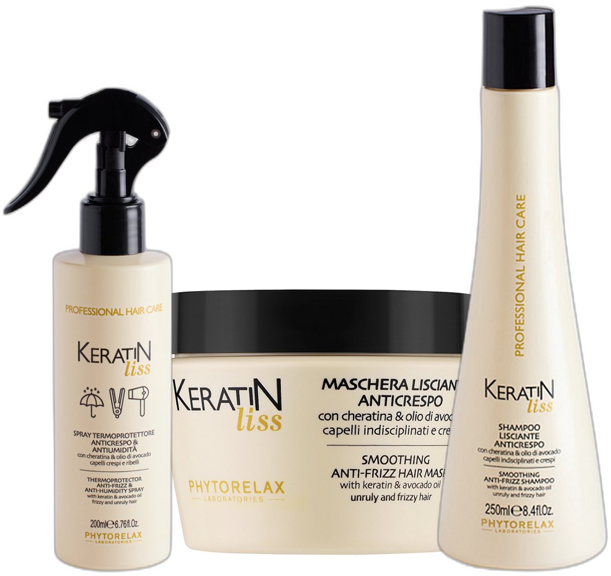 Phytorelax Keratin Liss Voordeelverpakking – Shampoo + Haarmasker + Heat Protection Spray – Anti-Frizz & Anti-Klit Haarverzorging – met Keratine & Avocado-olie – 700ml