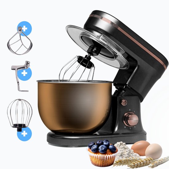 BluMill Keukenmachine - RVS - 6 Snelheden - Keukenmachine met kom - 5 Liter - met Accessoires - 1200W - Zwart / Rosé Goud