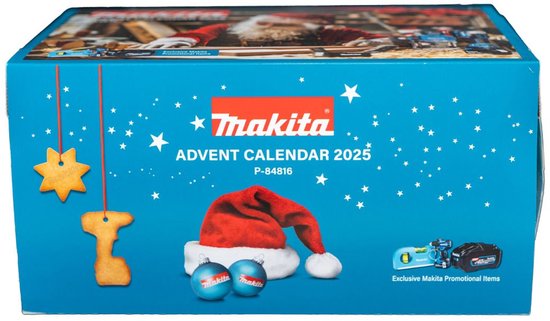 Makita Adventskalender 2025 met kerstmuts, ballen en gereedschap