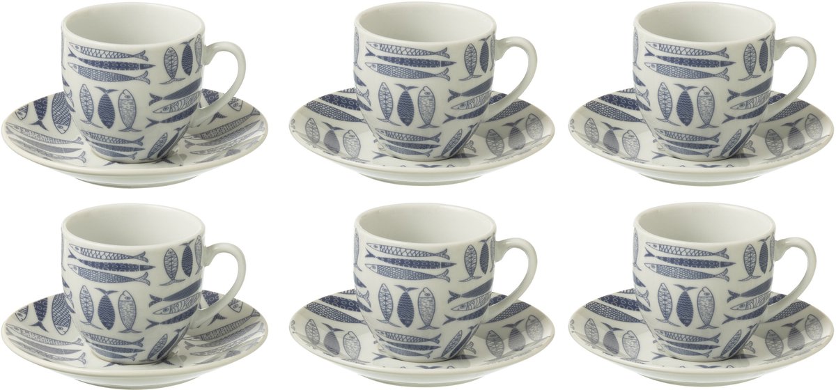 J-Line kop + schoteltje Vis - keramiek - donkerblauw - doos van 6