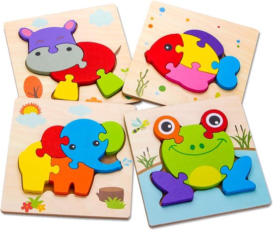JeiibrZui Houten Puzzels Voor Peuters - Dierenpuzzels Voor Peuters Van 1-3 Jaar - Educatief Speelgoed Met Hand-Oogcoördinatie En Kleurenleren - 4 Stuks - Voor Thuis Of Buiten Veelkleurig