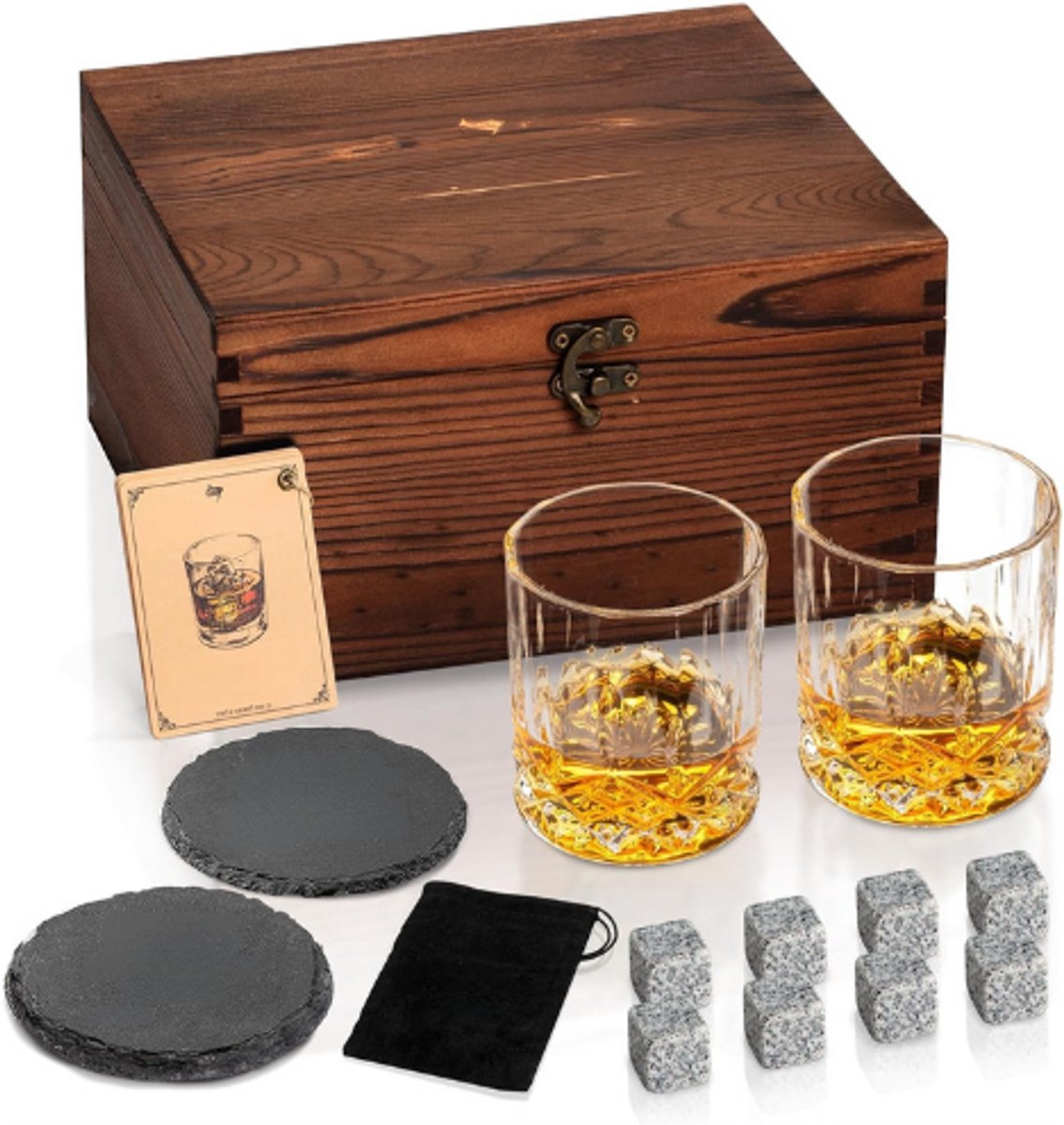 Whisky Steentjes Geschenkset Voor Mannen - Inclusief Whisky Glas En 8 Granieten Koelstenen - Houten Doos - 10oz Whisky Glazen - Perfect Cadeau Voor Vader Echtgenoot Vriend