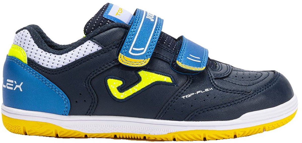 Blauwe Joma Top Flex zaalvoetbalschoenen voor jongens en meisjes, met klittenbandsluiting en duurzame Fibertech-bovenkant.