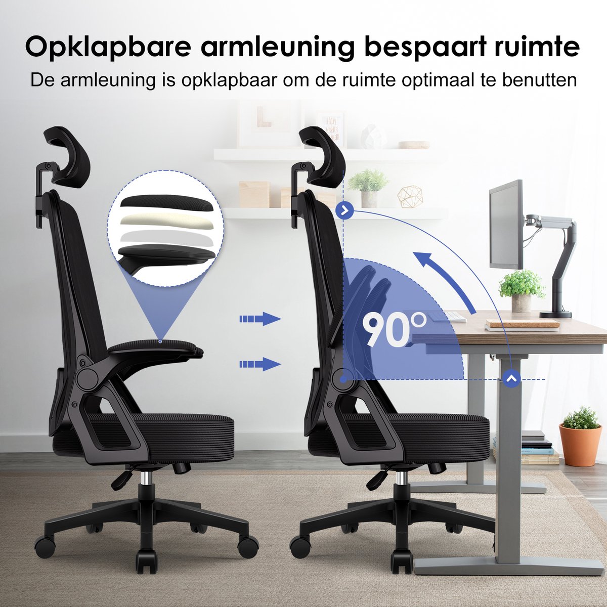 Hiaonyx bureaustoel-ergonomische bureaustoel-bureaustoelen voor volwassenenOpklapbare armleuningen-2D lendensteun-Maximale kanteling 135°-Met stille wielen-Zwart thumbnail 5