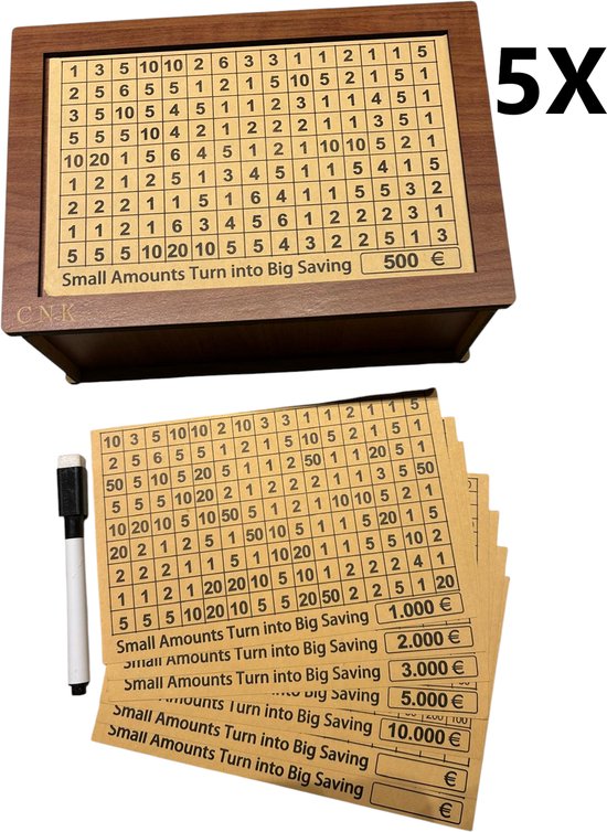 Tirelire en bois avec compartiments et un stylo. Des papiers avec des objectifs d'épargne sont sous la tirelire.