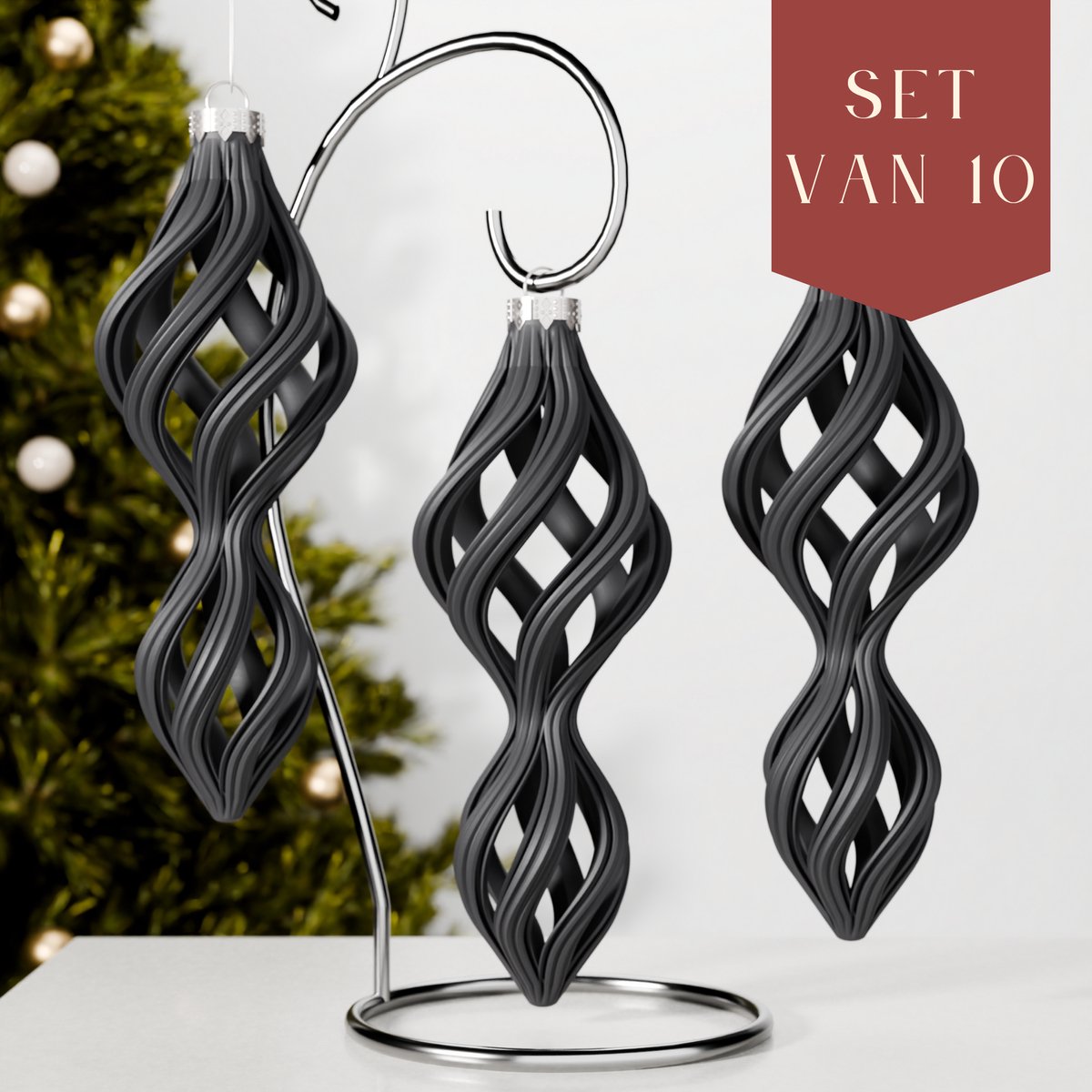 Fleuriek – Luxe Gedraaide Lange Kerstballen – Mat Zwart, Set van 10 – Chique Moderne Kerstornamenten – Onbreekbaar & Herbruikbaar – Luxe Kerstdecoratie in Trendkleur