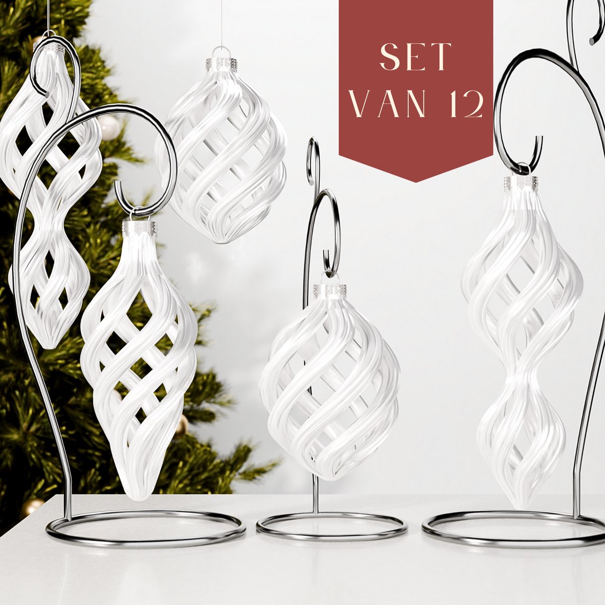 Fleuriek – Luxe Gedraaide Kerstballen – Glanzend Wit, Set van 12 – Moderne Kerstornamenten – Onbreekbaar & Herbruikbaar – Minimalistische Kerstdecoratie in Stijlvolle Look