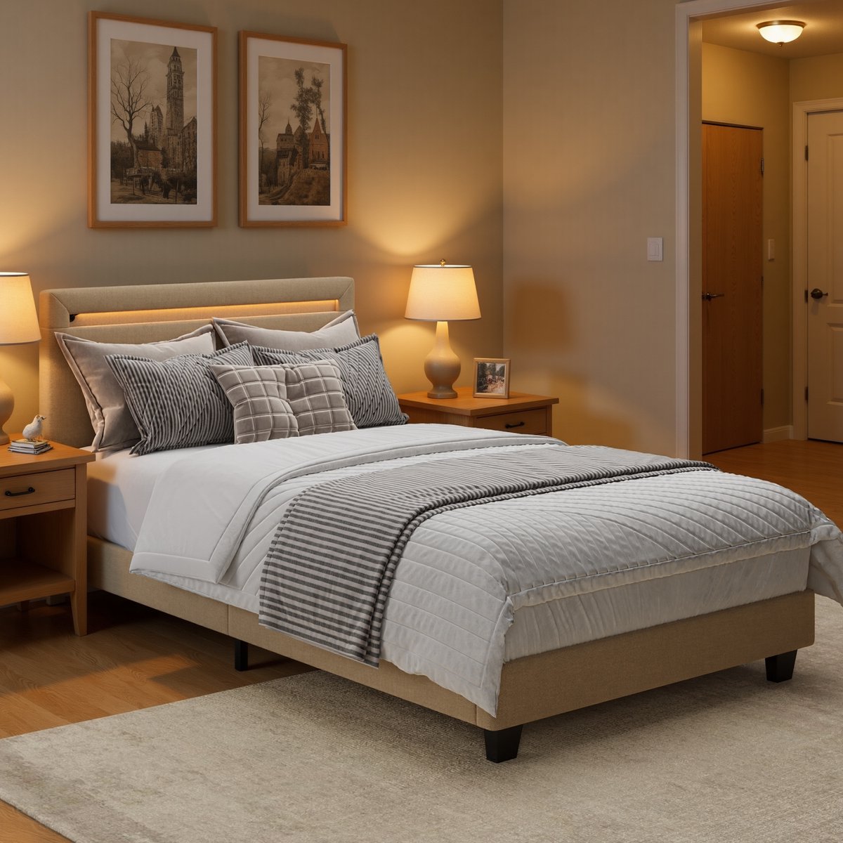 Xbro Gestoffeerd Bed 90 x 200 cm – met Bedhoofdbord LED-Verlichting – Eenpersoonsbed met Hoofdbord en Lattenbodem – Beige