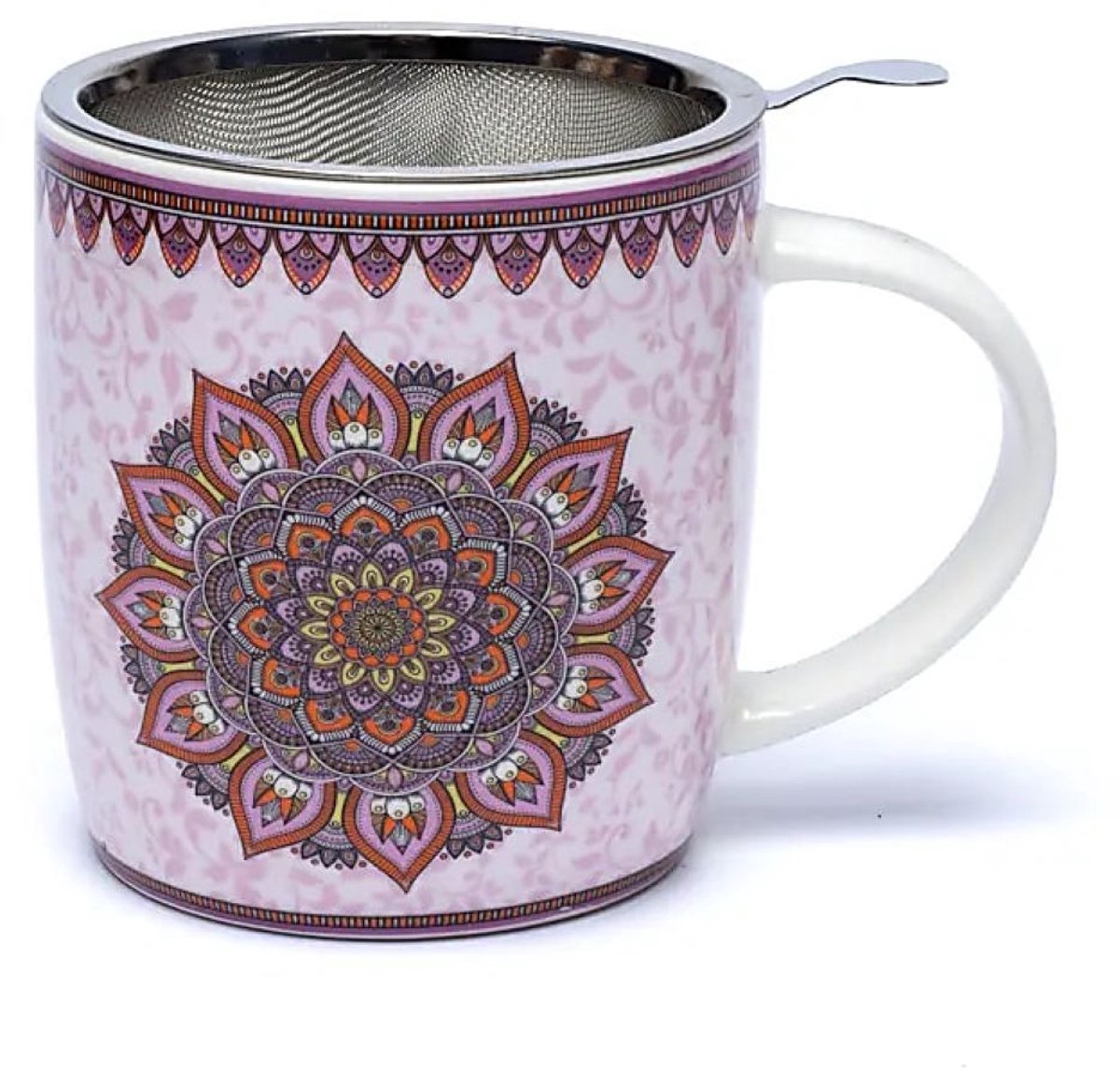Mok - Beker - Theemok met Zeef - Mandala - Paars - Porselein - 400 ml