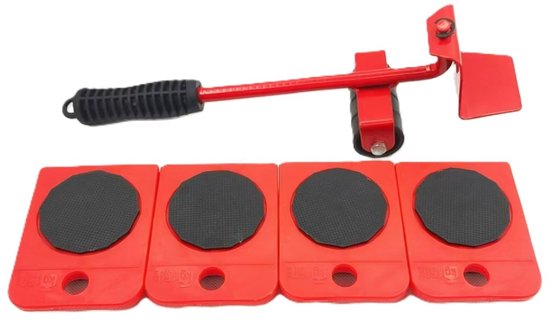 Rode meubelroller set met hefstang en vier rode rollers met zwarte antislippads.