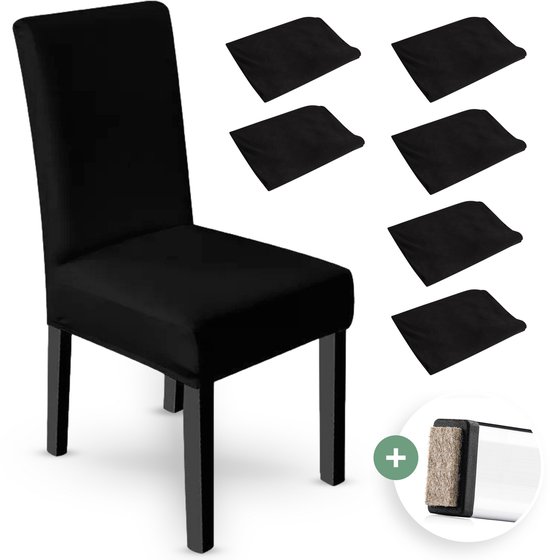 NOVOB® Housse de chaise noire (6 pièces + pied en feutre) - Housses de siège pour chaises de salle à manger - Ensemble de housses de chaise - Parties de chaise - Housse de chaise - Stretch | Universel