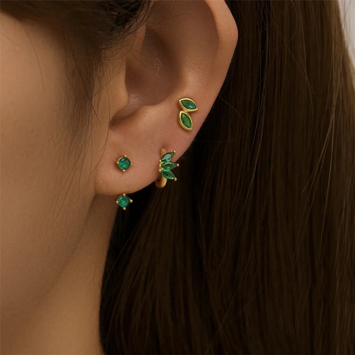 Modulaire Oorbellen Set met Groen Zirkonia Stenen - 18K Verguld Dames Oorbellen - 925 Sterling Zilver - Dames Sieraden