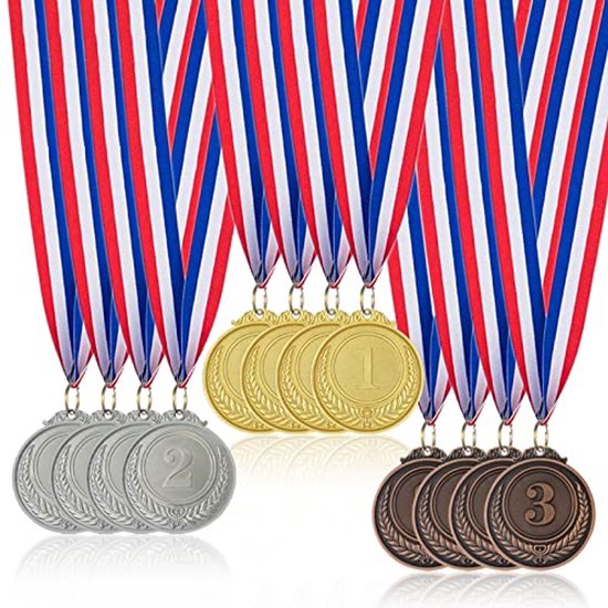 Medailles voor kinderen, 12-pack gouden zilveren bronzen metalen medaille Olympische decoratie sportdag medailles met lint ketting voor sportdagprijzen, gymnastiekwedstrijden, feestgeschenken