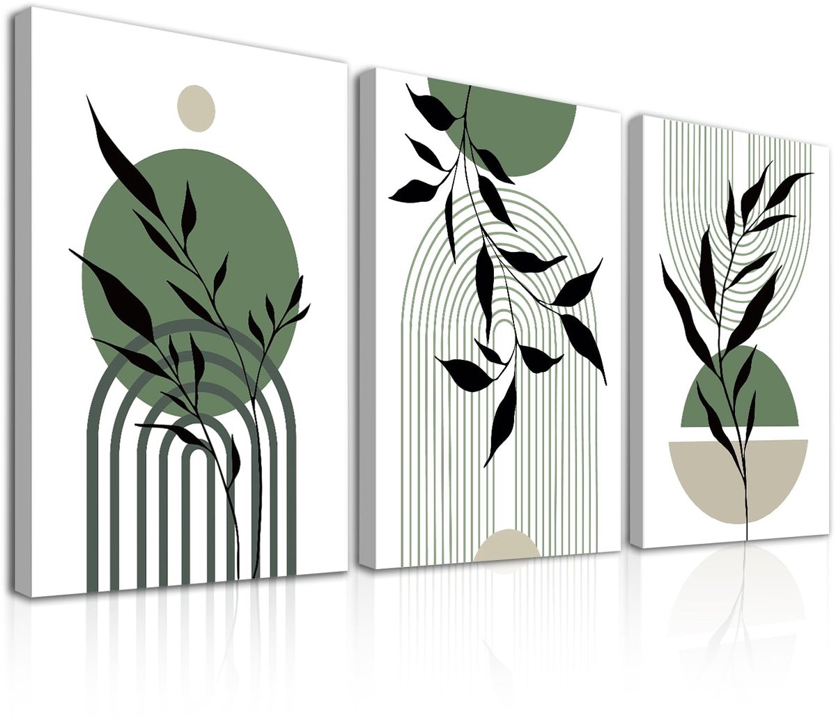 Ibenzoa Set van drie ingelijste kunstwerken met abstracte geometrische ontwerpen groen en beige