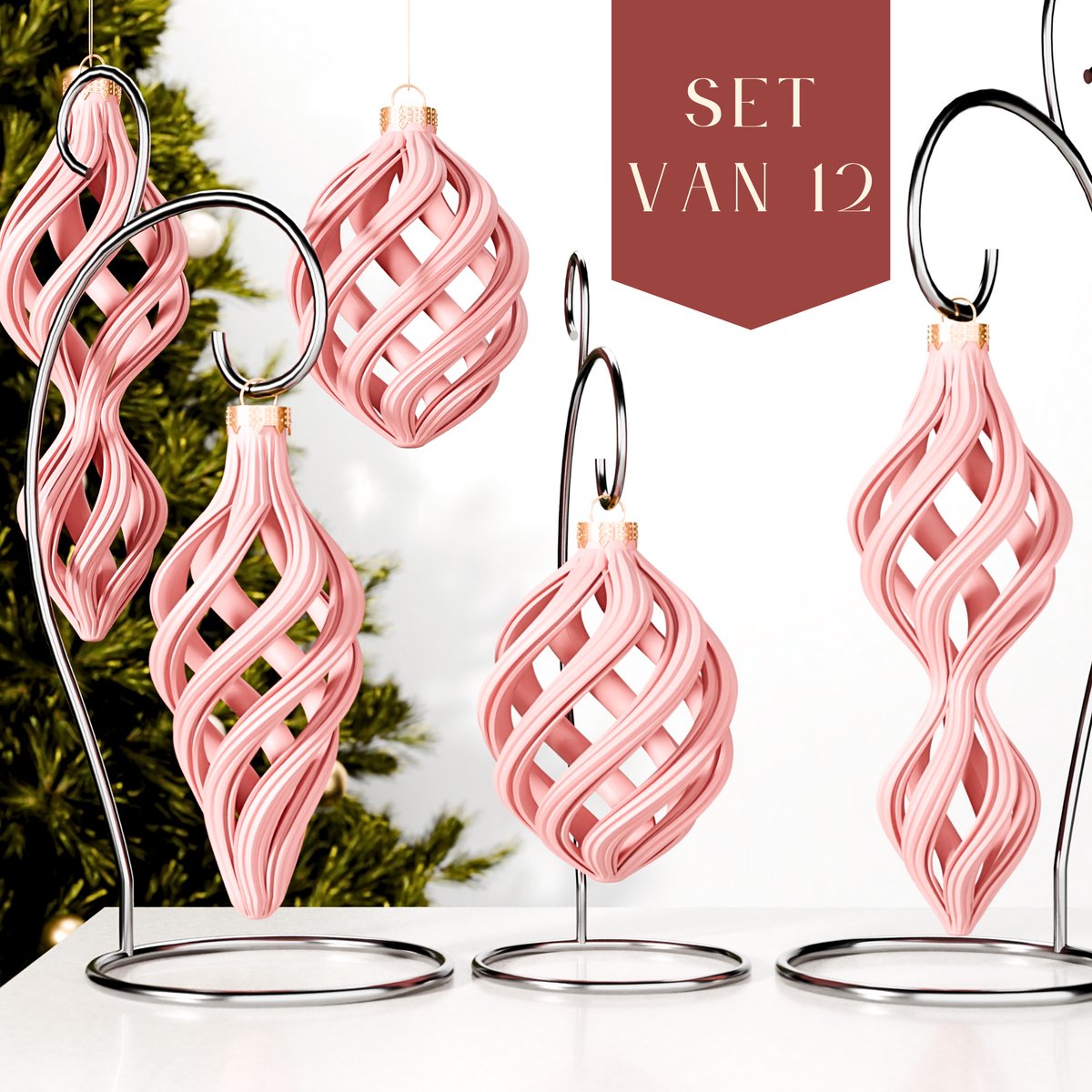 Fleuriek – Luxe Gedraaide Kerstballen – Mat Roze, Set van 12 – Elegant Design Kerstornamenten – Onbreekbaar & Herbruikbaar – Stijlvolle Kerstversiering voor in de Boom