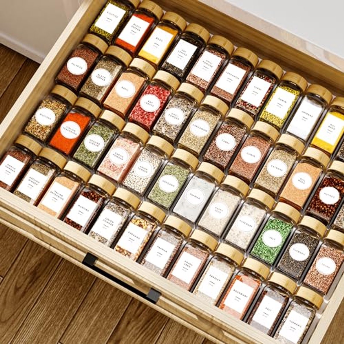 Set van 24 vierkante kruidenpotjes met deksel - 120 ml met 340 etiketten en accessoires