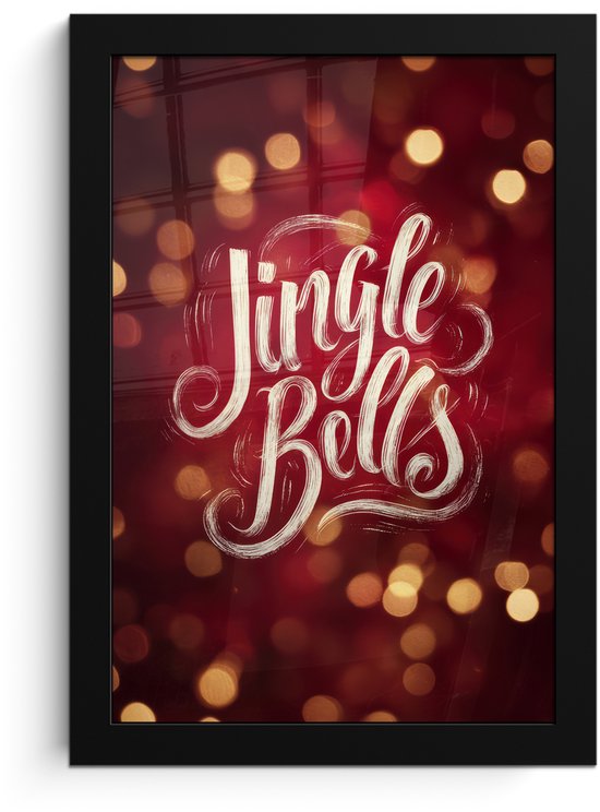 Poster in lijst - Fotolijst 20x30 cm - Posters - Jingle - Bells - Kerst - Rood - Posterlijst zwart - Decoratie - Wanddecoratie woonkamer - Muurdecoratie slaapkamer - Kerstversiering - Kerstdecoratie voor binnen - Kerstmis