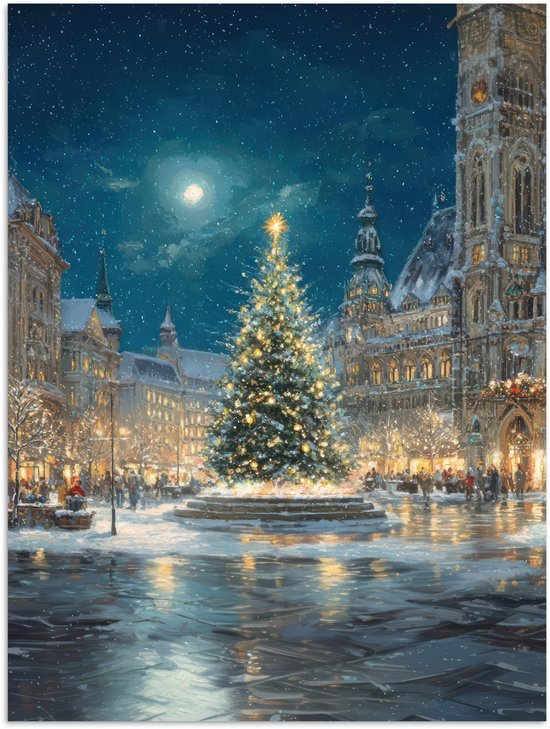 Poster 60x80 cm - Kerstnacht - Stadsplein - Meerkleurig - Posters - Kamer decoratie - Wanddecoratie woonkamer - Muurdecoratie slaapkamer - Kerstversiering - Kerstdecoratie voor binnen - Kerstmis