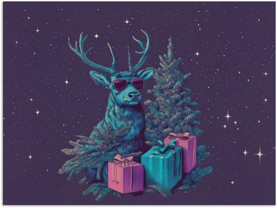 Poster 40x30 cm - Rendier - Zonnebril - Neon - Kerstboom - Posters - Kamer decoratie - Wanddecoratie woonkamer - Muurdecoratie slaapkamer - Kerstversiering - Kerstdecoratie voor binnen - Kerstmis