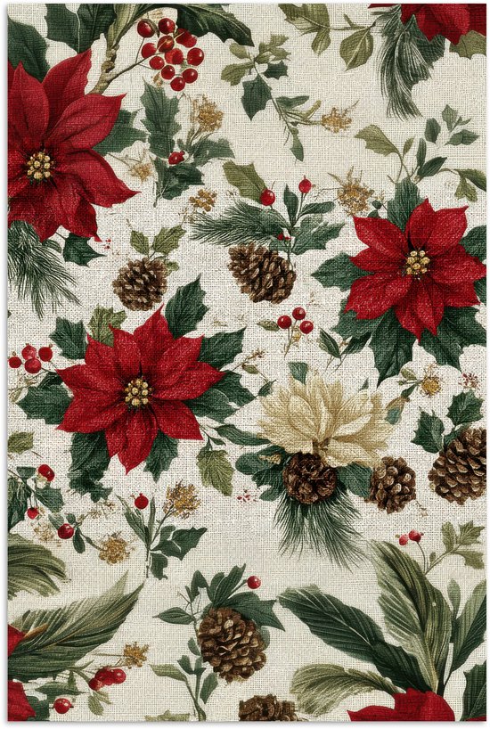 Poster 80x120 cm - Feestelijk - Textielpatroon - Kerstbloemen - Kleurrijk - Posters - Kamer decoratie - Wanddecoratie woonkamer - Muurdecoratie slaapkamer - Kerstversiering - Kerstdecoratie voor binnen - Kerstmis