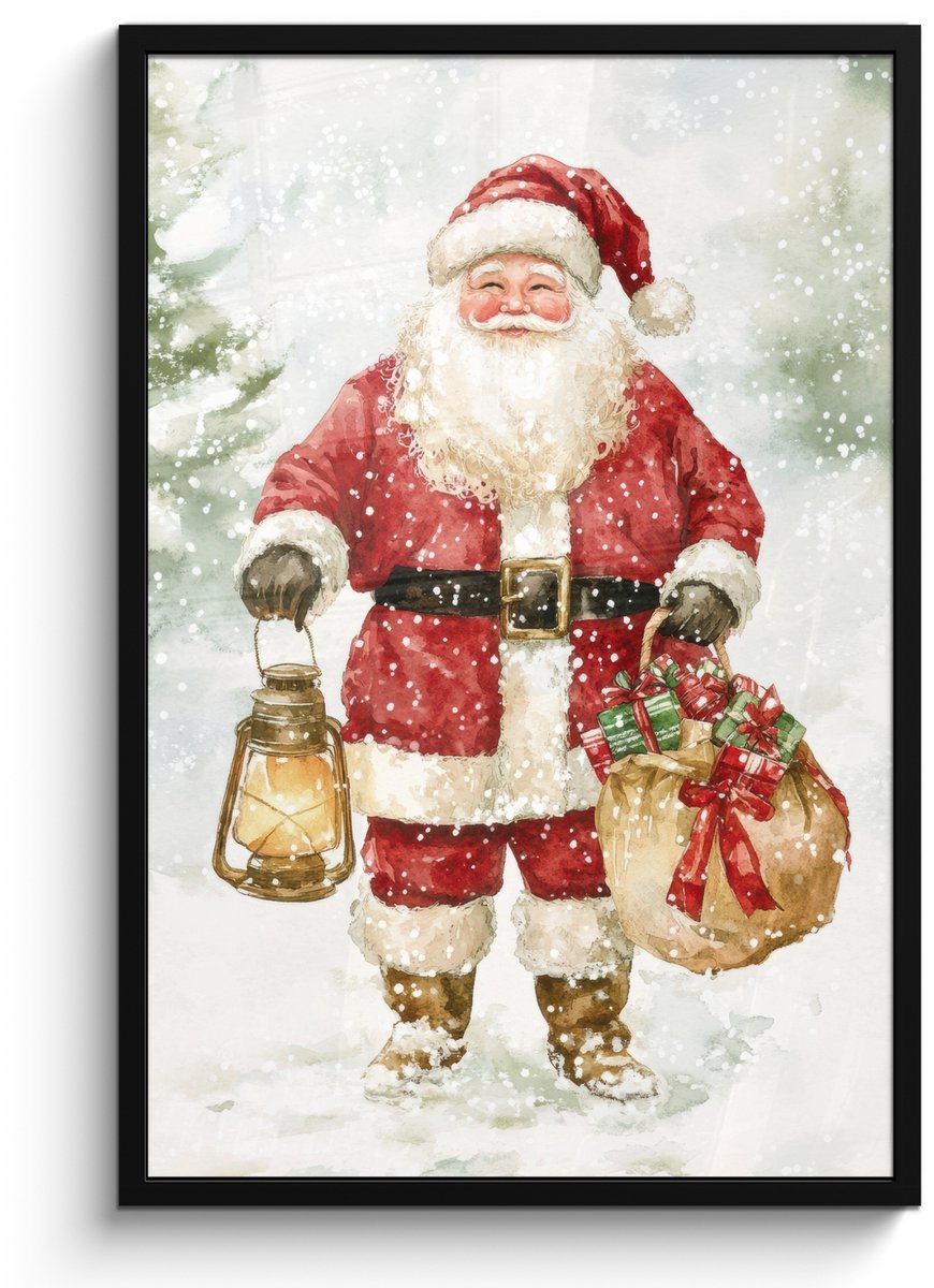FrameYourWall Poster in lijst - Fotolijst 60x90 cm - Posters - Kerstman- Winter - Sneeuw - Wit - Rood - Posterlijst zwart - Decoratie - Wanddecoratie woonkamer - Muurdecoratie slaapkamer - Kerstversiering - Kerstdecoratie voor binnen - Kerstmis