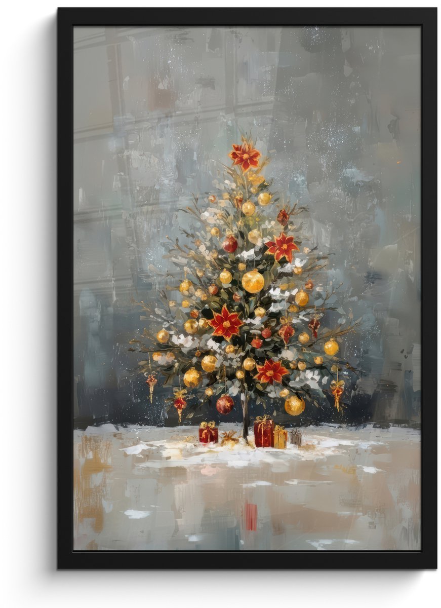 FrameYourWall Poster in lijst - Fotolijst 40x60 cm - Posters - Kerstboom - Cadeaus - Rood - Goud - Posterlijst zwart - Decoratie - Wanddecoratie woonkamer - Muurdecoratie slaapkamer - Kerstversiering - Kerstdecoratie voor binnen - Kerstmis