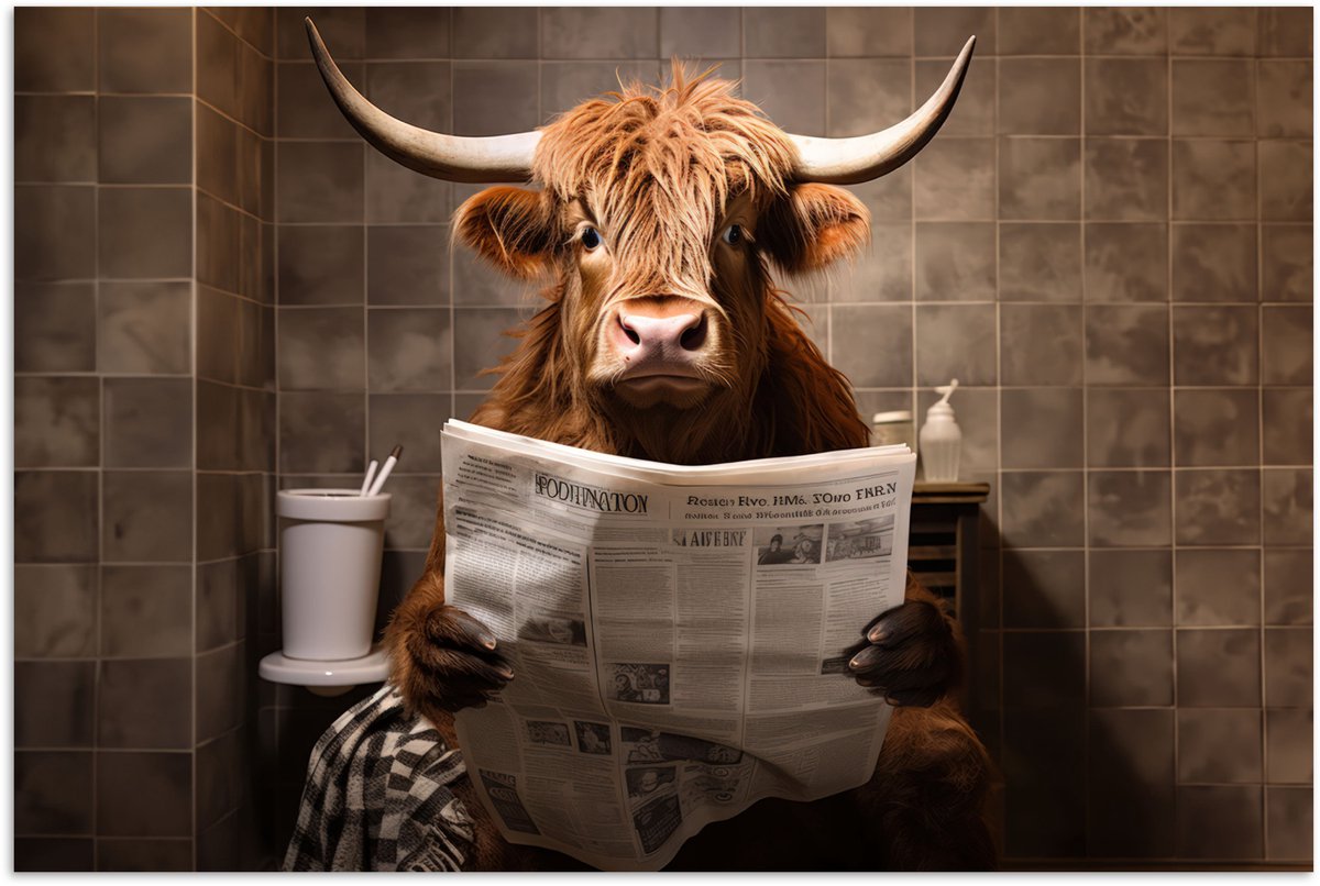 Poster 90x60 cm - Schotse hooglander - Krant - Toilet - Posters - Kamer decoratie - Wandde