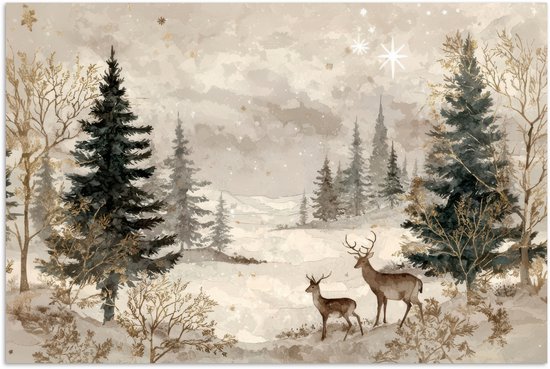 Poster 30x20 cm - Bos - Herten - Winter - Sneeuw - Posters - Kamer decoratie - Wanddecoratie woonkamer - Muurdecoratie slaapkamer