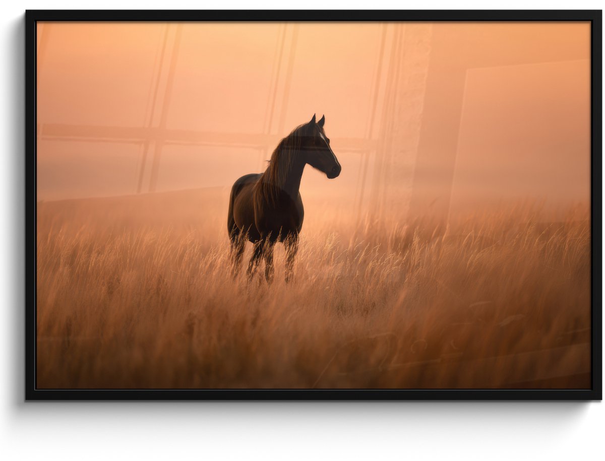 FrameYourWall Poster in lijst - Fotolijst 120x80 cm - Posters - Paard - Grasveld - Zonsondergang - Posterlijst zwart - Decoratie - Wanddecoratie woonkamer - Muurdecoratie slaapkamer