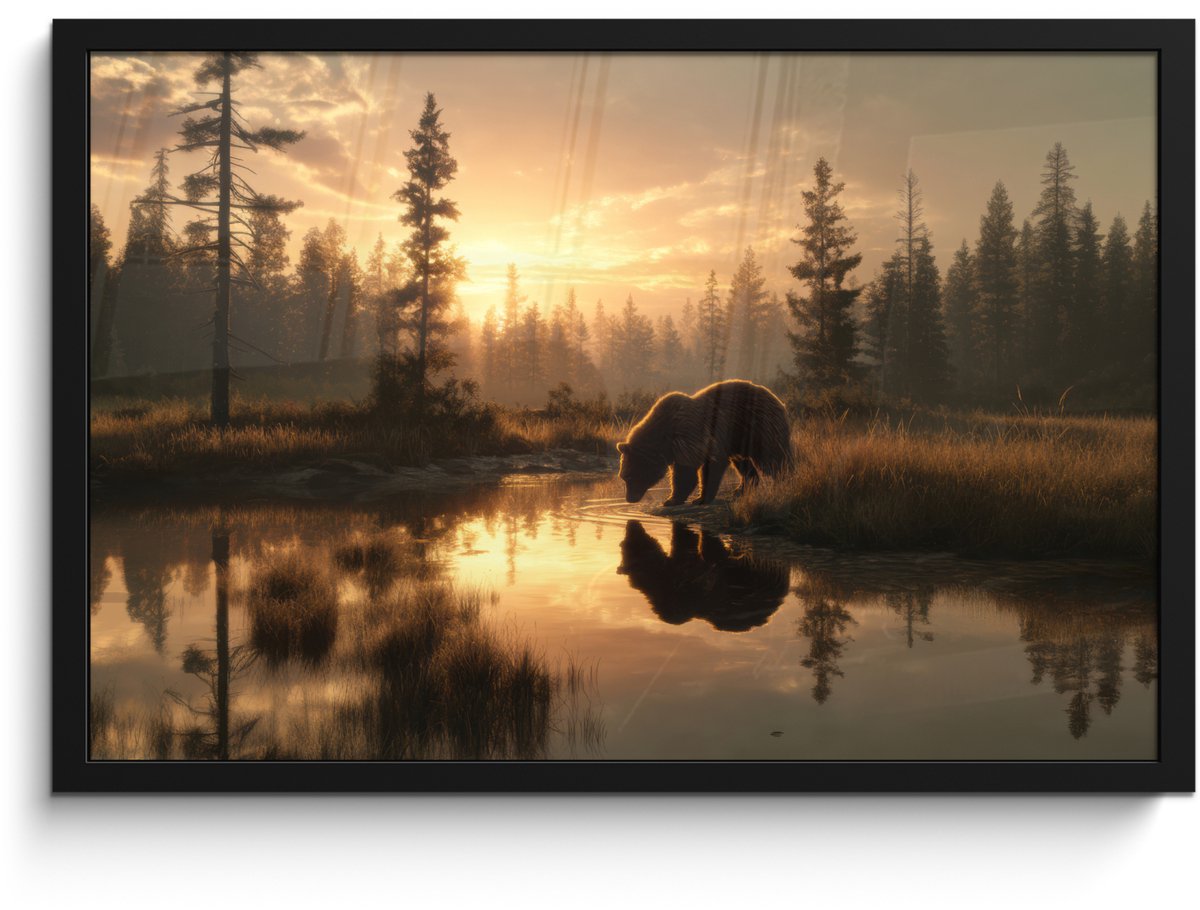 FrameYourWall Poster in lijst - Fotolijst 60x40 cm - Posters - Beer - water - Bos - Ochtendlicht - Posterlijst zwart - Decoratie - Wanddecoratie woonkamer - Muurdecoratie slaapkamer
