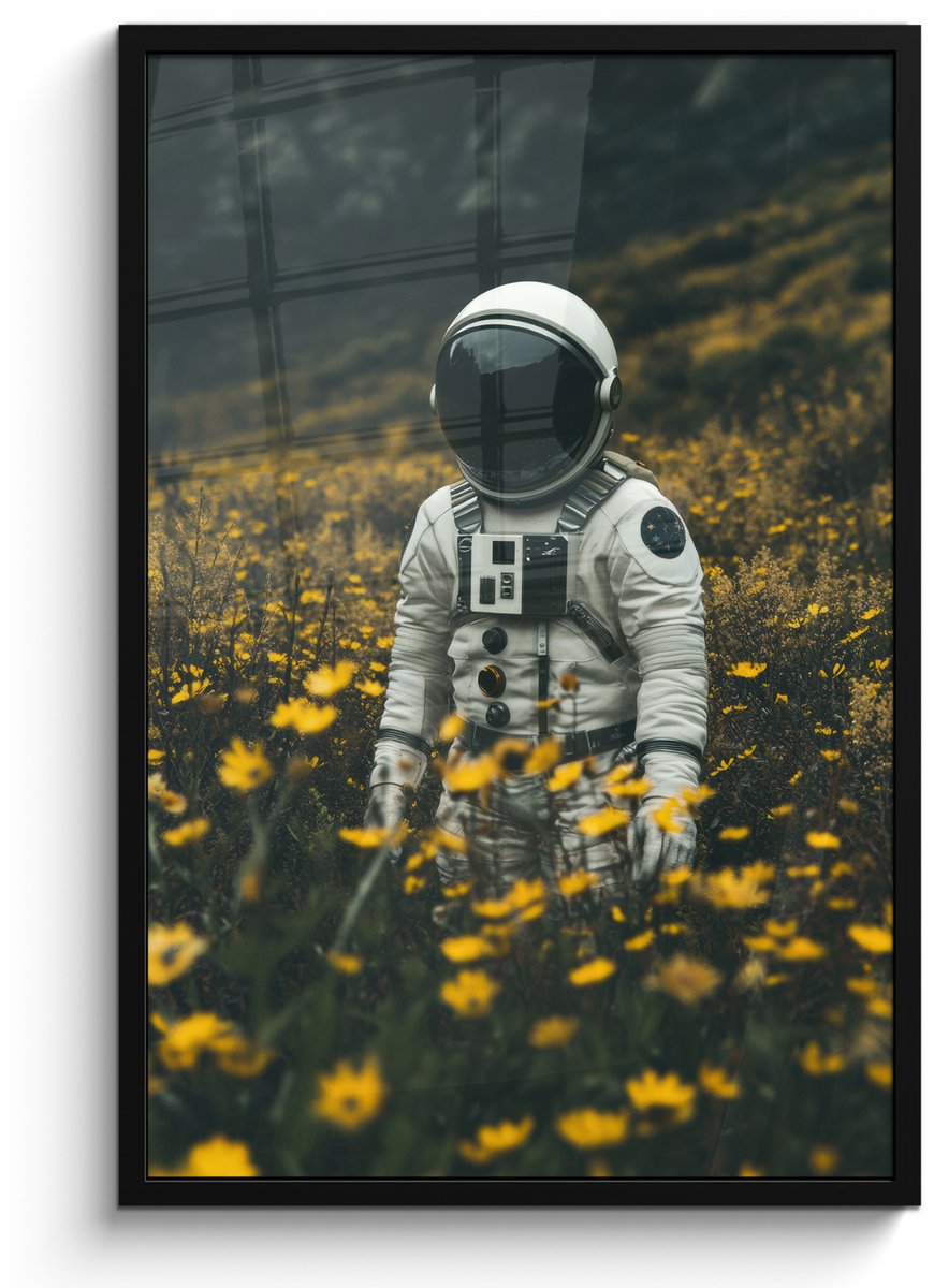 FrameYourWall Poster in lijst - Fotolijst 60x90 cm - Posters - Astronaut - Bloemen - Veld - Geel - Posterlijst zwart - Decoratie - Wanddecoratie woonkamer - Muurdecoratie slaapkamer