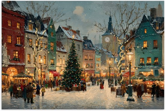 Poster 120x80 cm - Kerstsfeer - Stadsplein - Kleurrijk - Posters - Kamer decoratie - Wanddecoratie woonkamer - Muurdecoratie slaapkamer - Kerstversiering - Kerstdecoratie voor binnen - Kerstmis