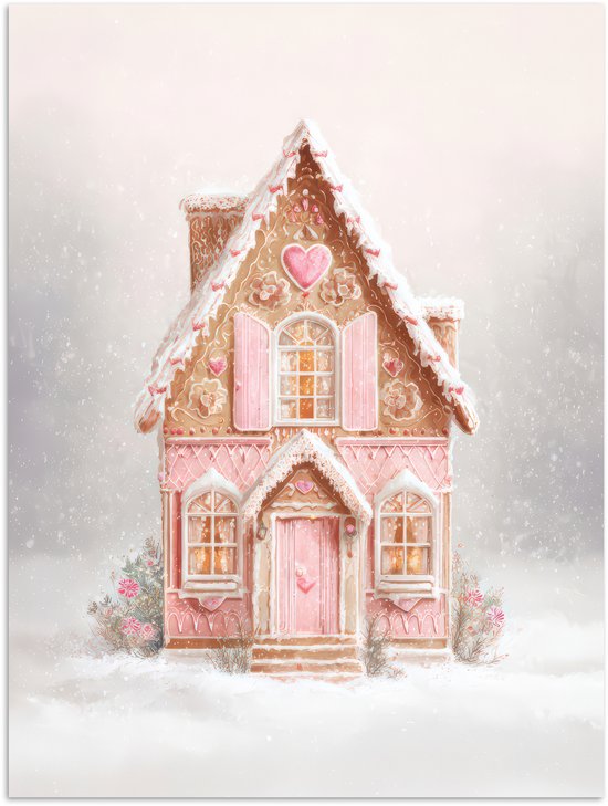 Poster 60x80 cm - Huisje - Suiker - Pastel - Posters - Kamer decoratie - Wanddecoratie woonkamer - Muurdecoratie slaapkamer - Kerstversiering - Kerstdecoratie voor binnen - Kerstmis
