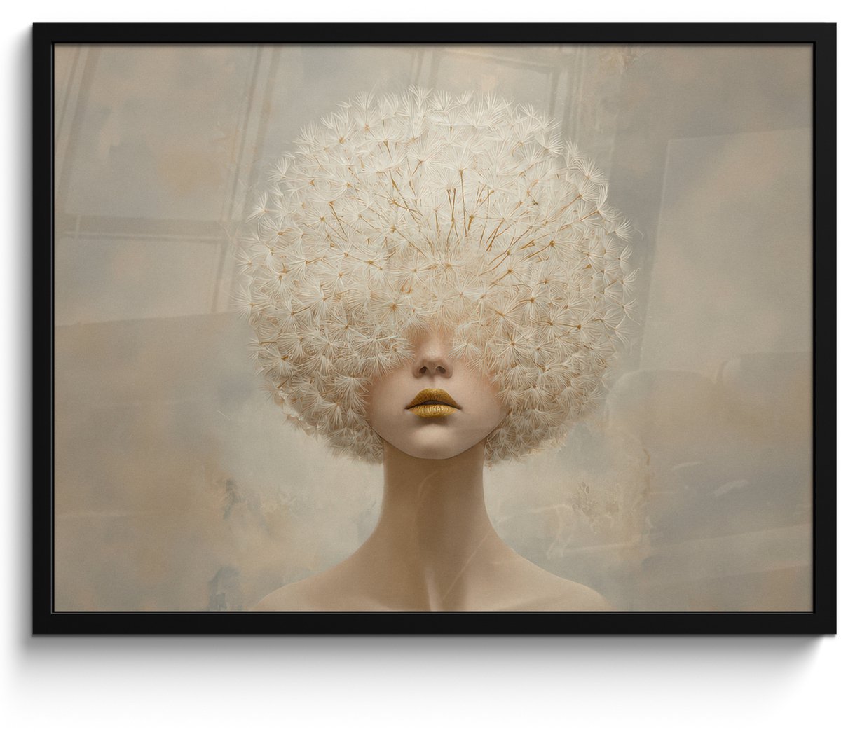 FrameYourWall Poster in lijst - Fotolijst 80x60 cm - Posters - Dromerig - Beige - Paardenbloemzaadjes - Posterlijst zwart - Decoratie - Wanddecoratie woonkamer - Muurdecoratie slaapkamer