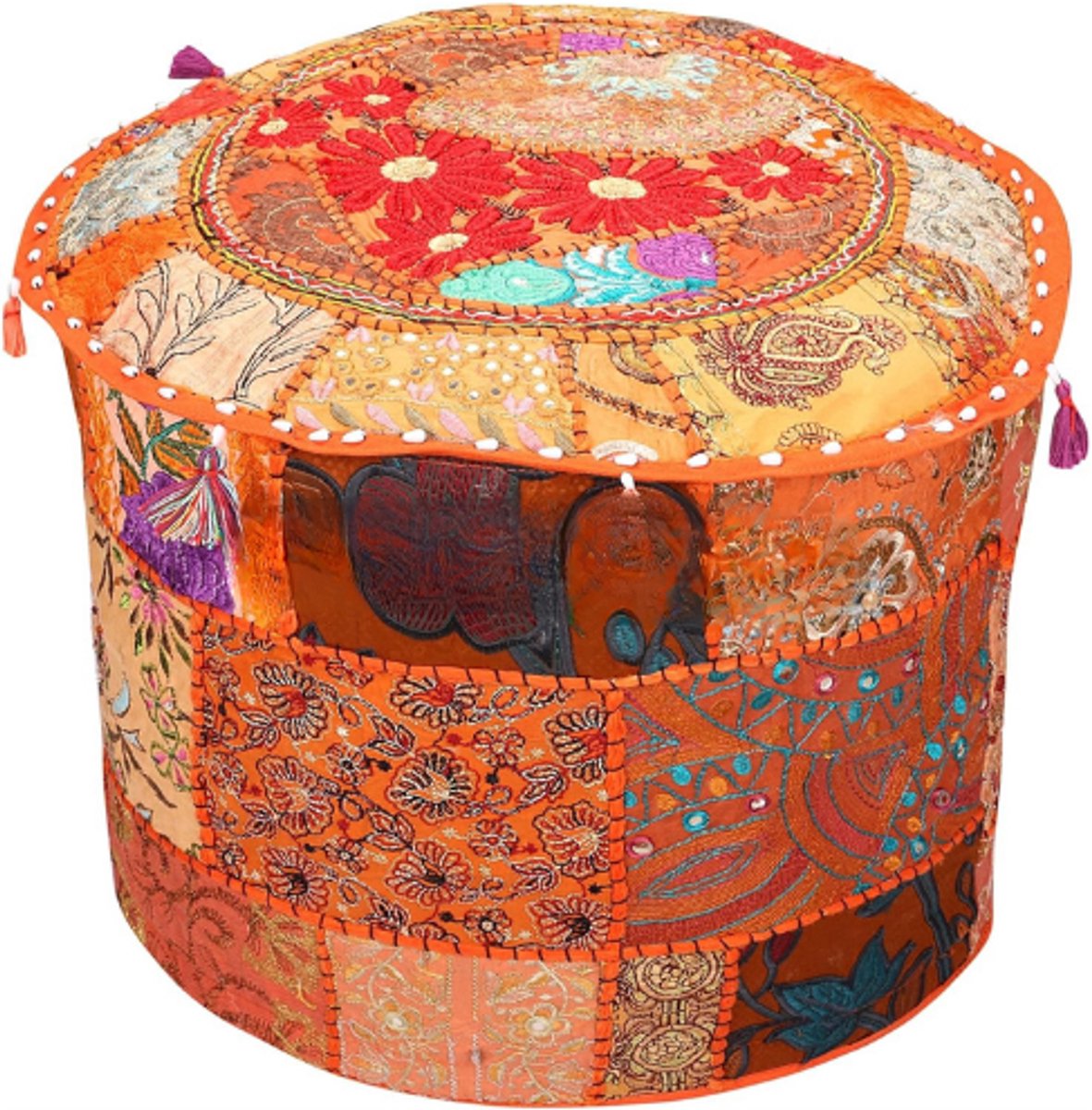 BOG Grote Vintage Poef En Voetenbankhoes - Oranje Ethnisch Geborduurd Patchwork Katoenen Poefhoes - Traditionele Ronde Stoffen Ottoman Pouf Cover 40cm (16x16x13 Inch)