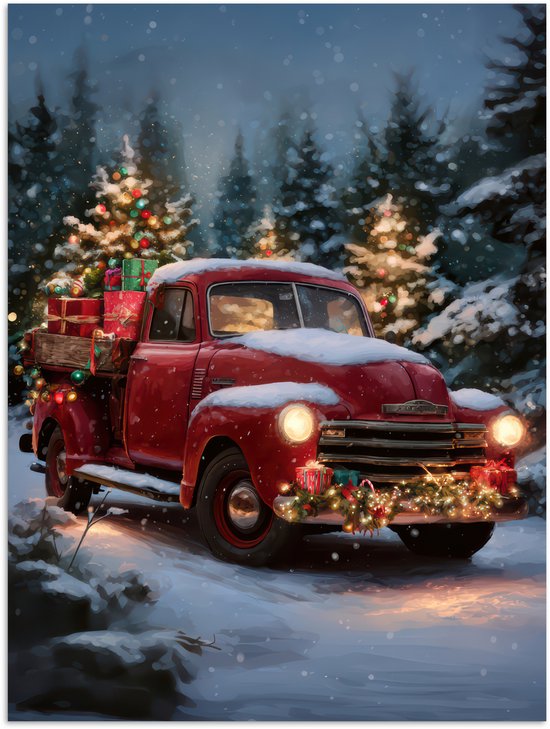 Poster 90x120 cm - Kersttruck - Sneeuwbos - Rood - Posters - Kamer decoratie - Wanddecoratie woonkamer - Muurdecoratie slaapkamer - Kerstversiering - Kerstdecoratie voor binnen - Kerstmis