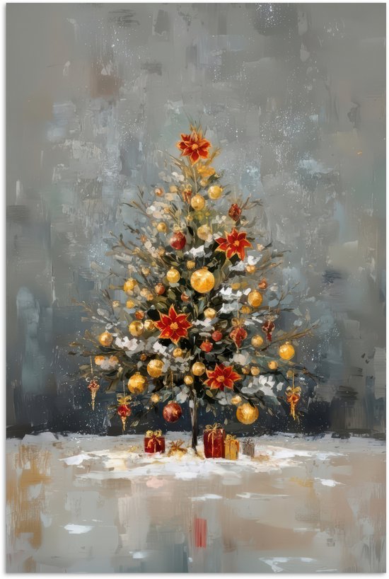 Poster 40x60 cm - Kerstboom - Cadeaus - Rood - Goud - Posters - Kamer decoratie - Wanddecoratie woonkamer - Muurdecoratie slaapkamer - Kerstversiering - Kerstdecoratie voor binnen - Kerstmis