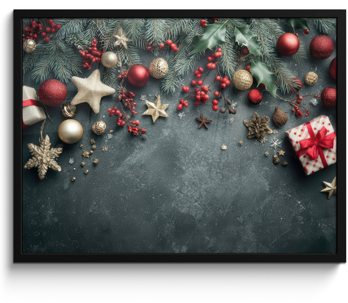 FrameYourWall Poster in lijst - Fotolijst 80x60 cm - Posters - Kerstomlijsting - Hulst - Kleurrijk - Posterlijst zwart - Decoratie - Wanddecoratie woonkamer - Muurdecoratie slaapkamer - Kerstversiering - Kerstdecoratie voor binnen - Kerstmis