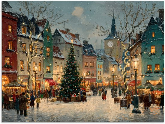 Poster 40x30 cm - Kerstsfeer - Stadsplein - Kleurrijk - Posters - Kamer decoratie - Wanddecoratie woonkamer - Muurdecoratie slaapkamer - Kerstversiering - Kerstdecoratie voor binnen - Kerstmis