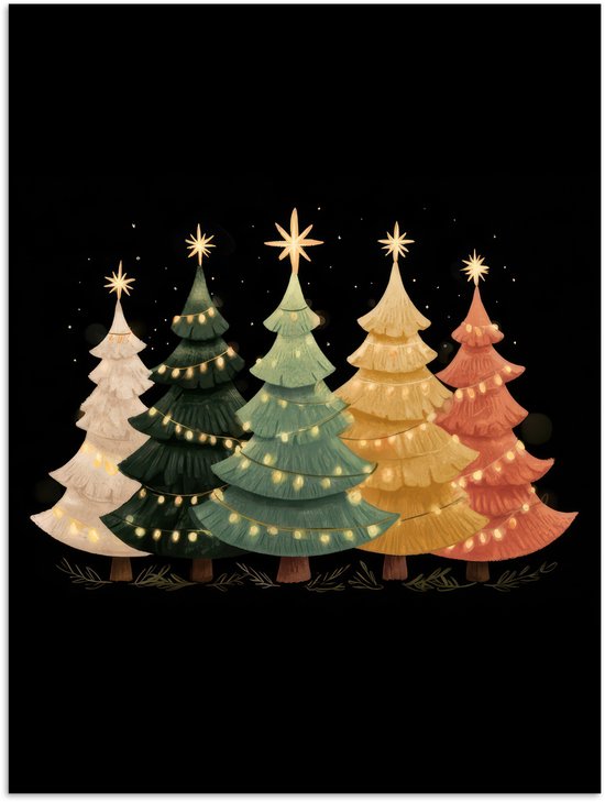 Poster 30x40 cm - Kerstbomen - Kleurrijk - Lichtjes - Ster - Posters - Kamer decoratie - Wanddecoratie woonkamer - Muurdecoratie slaapkamer - Kerstversiering - Kerstdecoratie voor binnen - Kerstmis