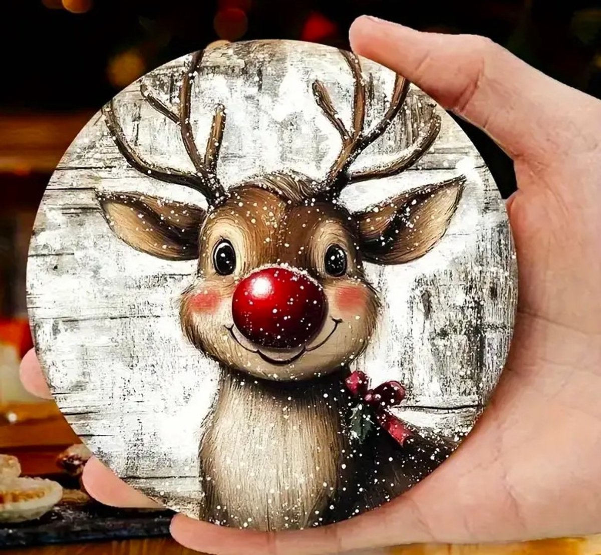 Set van 6 houten kerst onderzetters met rendieren "Rudolph the red nosed reindeer", sneeuw / kerstboom en kerstballen (kerstdecoratie, glas onderzetter, bierviltje, cadeau idee voor Kerstmis) — cadeau in Wonen & Interieur - foto 4